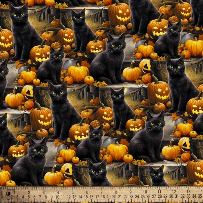 Halloween Black Cat & Jack-o-Lanterns Digital Cotton Fabric by The Yard