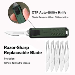 Caressolove Automatic Utility Knife, Safety Box Cutter Retractable, EDC Push Button Knife, Exacto Scalpel Knife, 10PCS #23 Razor Blades Pocket Knife with Clip