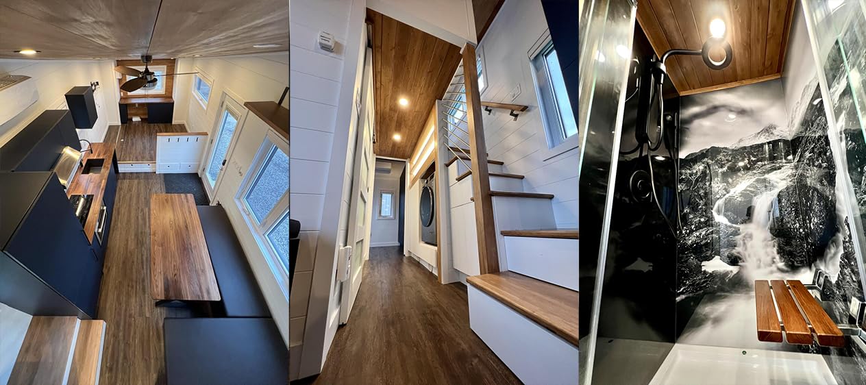 Tiny RV Mobile House with Downstairs Bedroom, Loft, Full Kitchen & Bathroom - Family-Friendly Design with Upraised Living Area, Cedar/Steel Exterior, Double-Pitched Roof - Perfect for Full-Time Living