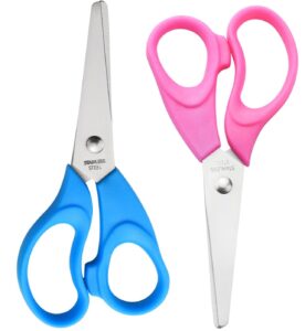 anjobibi kids scissors, blunt-tip scissors stainless steel blades & plastic handle, scissors for school or crafting, back to school supplies,13.5cm, 2 pack（blue+pink)