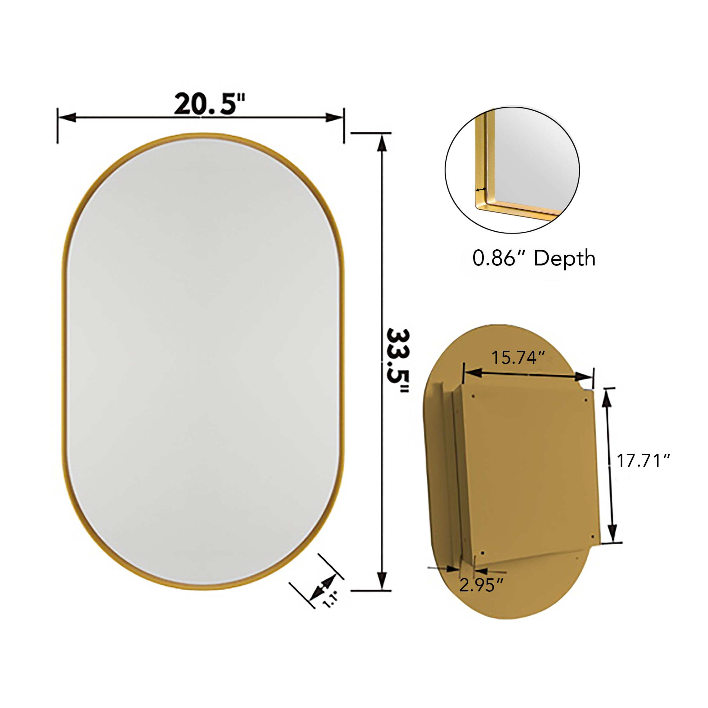 Yozma 20x34 Inch Oval Recessed Medicine Cabinet with Mirror, Metal Framed Bathroom Wall Mounted Cabinet Organizer with Mirror and Adjustable Shelves, Wall Mirror with Storage for Bathroom, Matte Gold