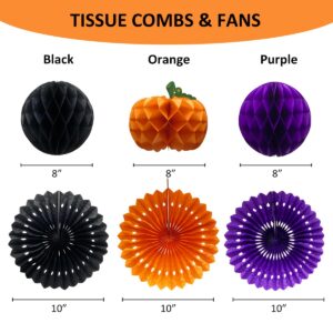 19pcs Black Orange Purple Halloween Banner Tissue Pom Poms Decorations Kit Paper Lanterns Fans Circle and Pumpkin Honeycomb Balls for Graduation Party Classroom Tables Decor Indoor