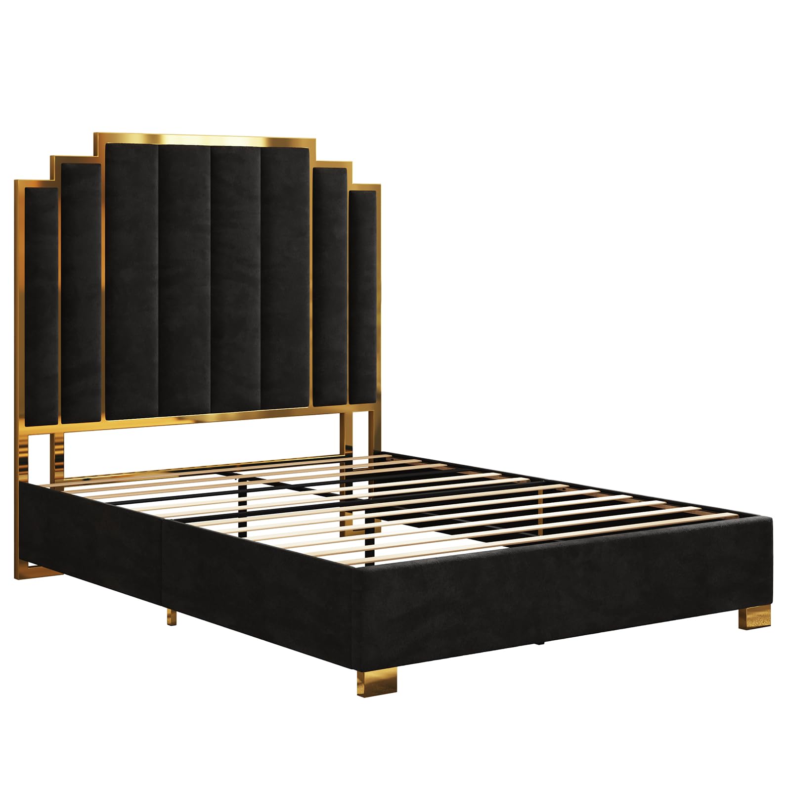 AMERLIFE Queen Size Upholstered Bed, Modern Velvet Bed Frame with 61.4” Tall Gold Trim Headboard, No Box Spring Needed, Black