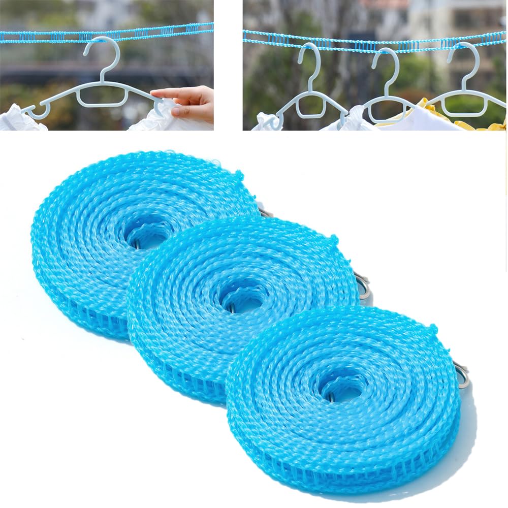 Clothesline - 3 Pack Clothes line Outdoors - Windproof Non Slip Clothesline - Suitable for Indoor and Outdoor Homes, College Dormitories, Outdoor Camping, etc(3-Piece Set, 49 feet) (Blue)