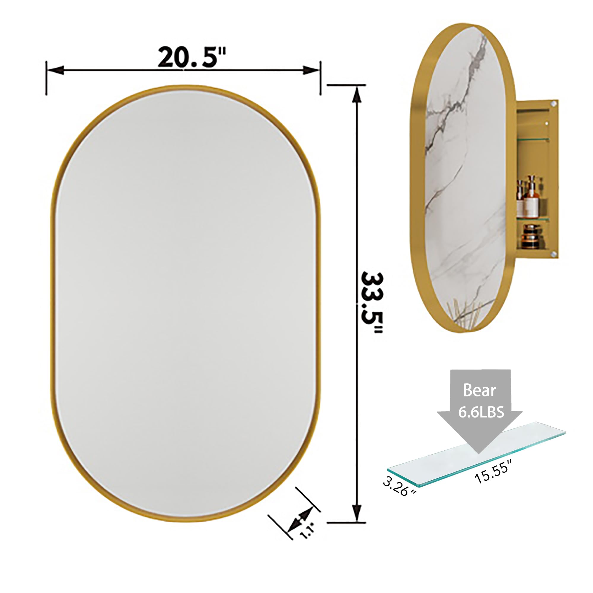 Yozma 20x34 Inch Oval Recessed Medicine Cabinet with Mirror, Metal Framed Bathroom Wall Mounted Cabinet Organizer with Mirror and Adjustable Shelves, Wall Mirror with Storage for Bathroom, Matte Gold