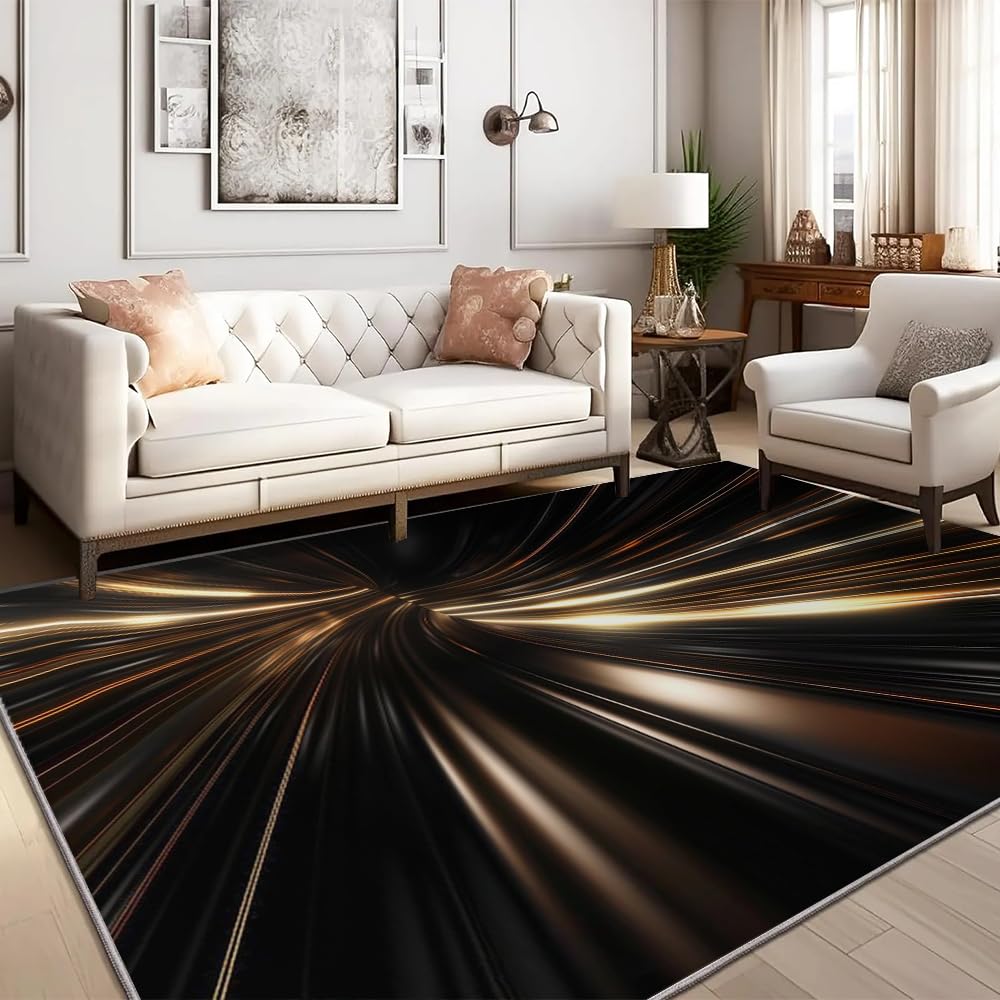 Black and Gold Space Tunnel Area Rug 5x7 Rug Minimalist Black and Gold Lines Rugs Foldable Easy to Clean Comfortable Faux Wool Carpet for Bedroom Living Room Hotel Boy Room Hallway