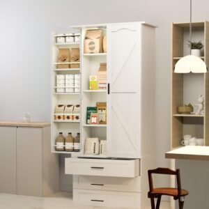 FJTJBSI 72" LED Kitchen Pantry Cabinet with 3 Drawers Farmhouse Tall Storage Cabinet Wood Food Pantry with Barn Doors and Adjustable Shelves Versatile Storage Freestanding Cupboard for Kitchen