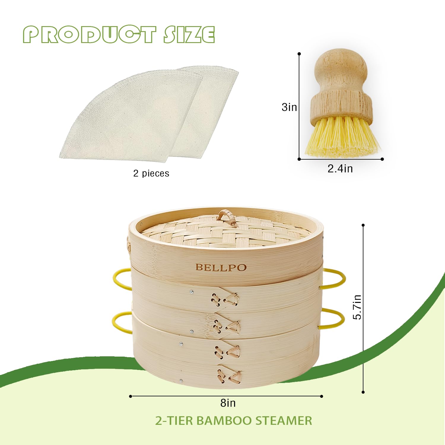 BELLPO Bamboo Steamer 8 inch 2 Tier Wooden Basket with Side Handle, Dumpling Steamer Cooking for Vegetables Rice,Fish,Dim Sum,Bao Bun,Reusable Liner&Brush Included