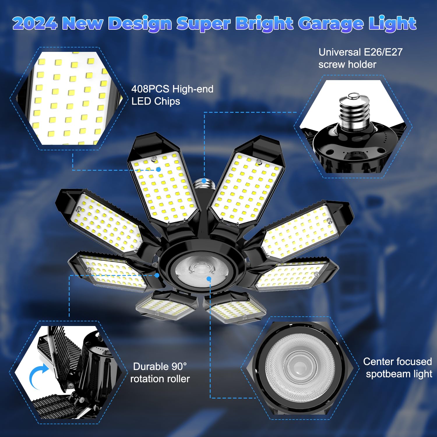 POLARPRA Garage Lights - Super Bright 25000LM Garage Lights Ceiling Led w/ 8 Deformable Panels 6500K Led Light Bulb and Electric Power Washer - 3000 PSI 2.6 GPM Pressure Washers with Foam Cannon