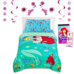 the little mermaid twin bedding set for girls - bundle with ariel bedspread, flat sheet, fitted sheet, and pillowcase for twin bed plus room decor, stickers, more | little mermaid bedroom decor