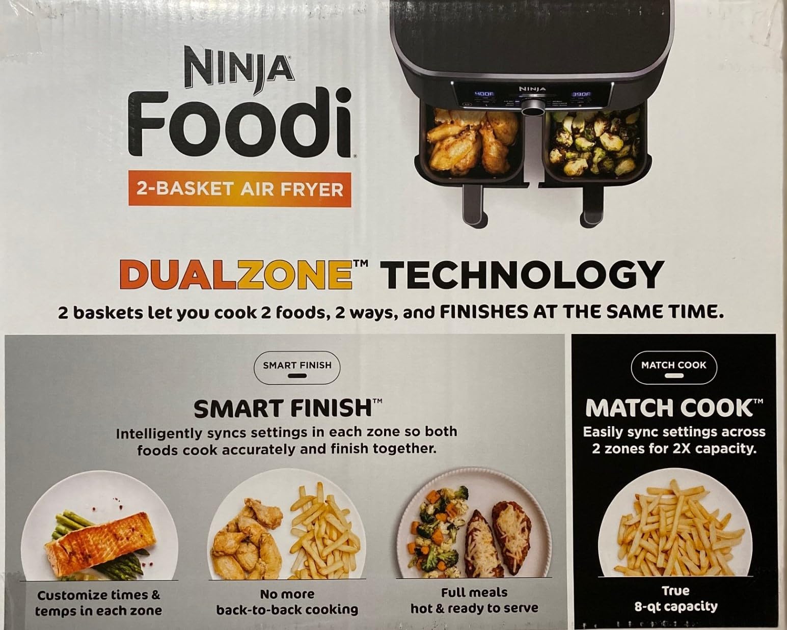 Ninja Foodi AD150 8 Quart 6 in1 DualZone 2-Basket Air Fryer with 2 Independent Frying Baskets, Match Cook & Smart Finish to Roast, Broil, Dehydrate & More for Quick, Easy Meals, Black