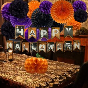 19pcs Black Orange Purple Halloween Banner Tissue Pom Poms Decorations Kit Paper Lanterns Fans Circle and Pumpkin Honeycomb Balls for Graduation Party Classroom Tables Decor Indoor