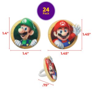 DecoPac Super Mario Rings, 24 Nintendo Cupcake Decorations Featuring Mario And Luigi, Cake Toppers For Birthday, Gaming, Party - 24 Pack