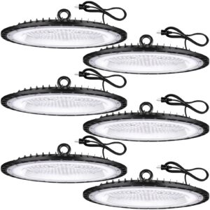 yanycn 6 pack 200w ufo led high bay light fixture,120vac,30800lm,5000k daylight commercial shop bay lighting,[850w mh/hps equiv.] us plug area lighting for garage/warehouse/barn/gym/factory/workshop