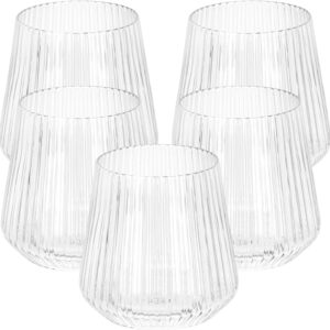 18 count origami ripple Unbreakable Stemless Plastic Wine Champagne Whiskey Glasses Elegant Durable Disposable Indoor Outdoor Ideal for Home, Office, Bars, Wedding, Ribbed 12 Ounce Cups (18, Clear)