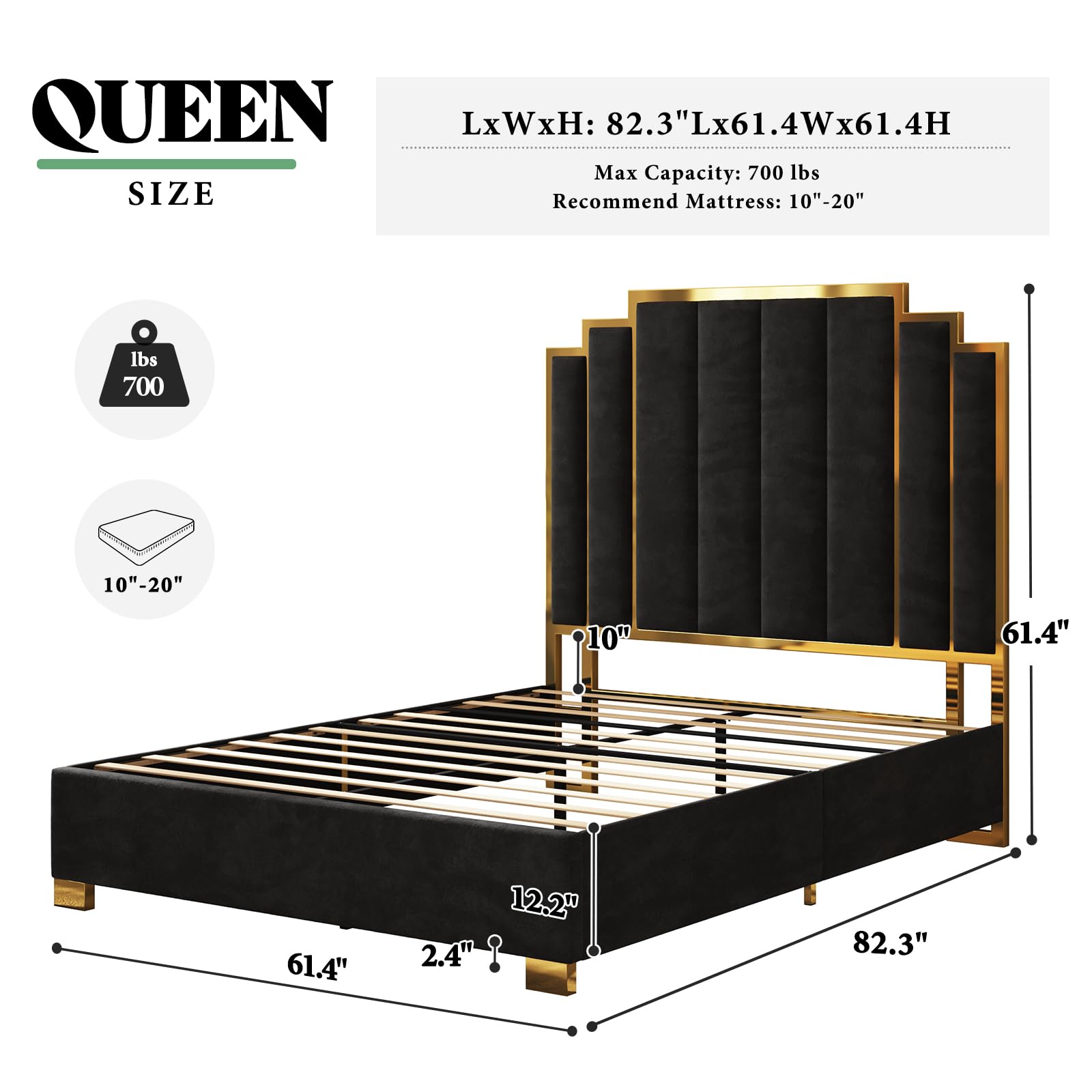 AMERLIFE Queen Size Upholstered Bed, Modern Velvet Bed Frame with 61.4” Tall Gold Trim Headboard, No Box Spring Needed, Black