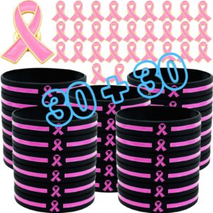 60 pcs breast cancer awareness bulk items accessories 30 breast cancer awareness bracelets 30 awareness pins pink ribbon wristband fundraiser gifts breast cancer party favor for women men 30 set