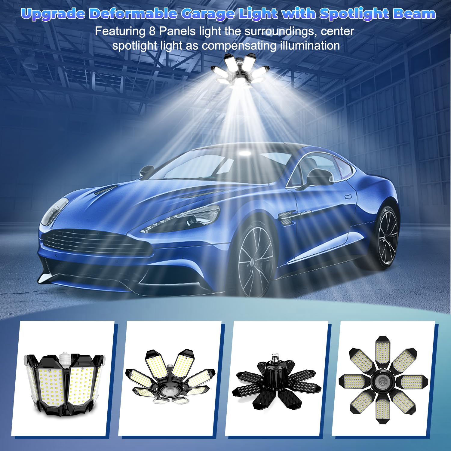 POLARPRA Garage Lights - Super Bright 25000LM Garage Lights Ceiling Led w/ 8 Deformable Panels 6500K Led Light Bulb and Electric Power Washer - 3000 PSI 2.6 GPM Pressure Washers with Foam Cannon