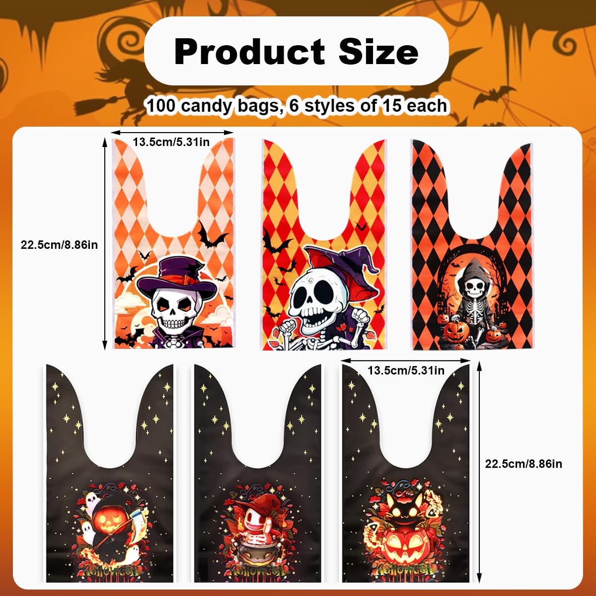 Halloween Treat Bags 100Pcs,6 Style Candy Bags Treat Bags Kids, Cute Rabbit Ear Plastic Goody Bags Halloween Bags for Trick or Treat Goodie Party Favor Gifts