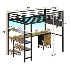 BTHFST Loft Bed Twin Size with L-Shape Desk & RGB LED Lights & Charging Station, Twin Bunk Bed with Fabric Drawers & Shlves, 13.4'' H Safety Guardrail, Noise Free, No Box Spring Needed