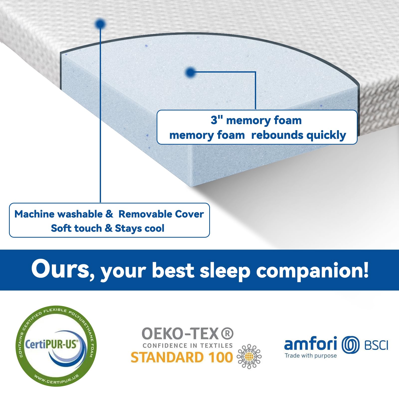 3 Inch Gel Memory Foam Mattress Topper Queen, Cooling Mattress Topper with Removable & Washable Bamboo Cover, CertiPUR-US Certified