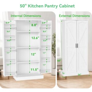 GEPELCN 50" LED Kitchen Pantry Cabinet Farmhouse Storage Cabinet Wood Food Pantry with Barn Doors and Adjustable Shelves Freestanding Buffet Cupboards Sideboard for Kitchen White