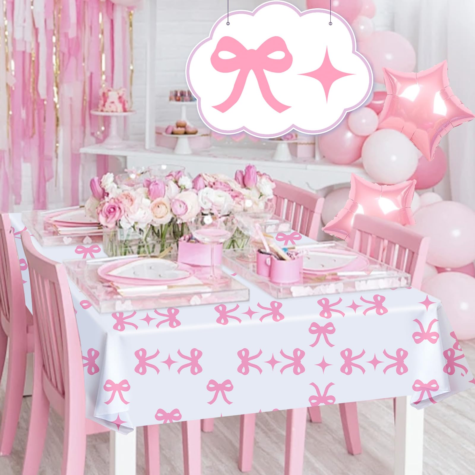 3 Pcs Pink Bow Table Cloth Rectangle Table Party Supplies Bow Theme Disposable Plastic Table Covers Waterproof Coquette Birthday Decorations for Women Girls Bridal Baby Shower Bachelorette Party Decor