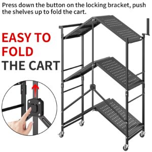 DTUQYX Foldable Outdoor Grill Cart with 3-Tier,Grill Cart,Grill Table for Outside with 2 Total Lock Casters，Pizza Oven Stand Table，Rolling BBQ Table and Folding Kitchen Island, Black