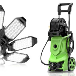 POLARPRA Garage Lights - Super Bright 25000LM Garage Lights Ceiling Led w/ 8 Deformable Panels 6500K Led Light Bulb and Electric Power Washer - 3000 PSI 2.6 GPM Pressure Washers with Foam Cannon