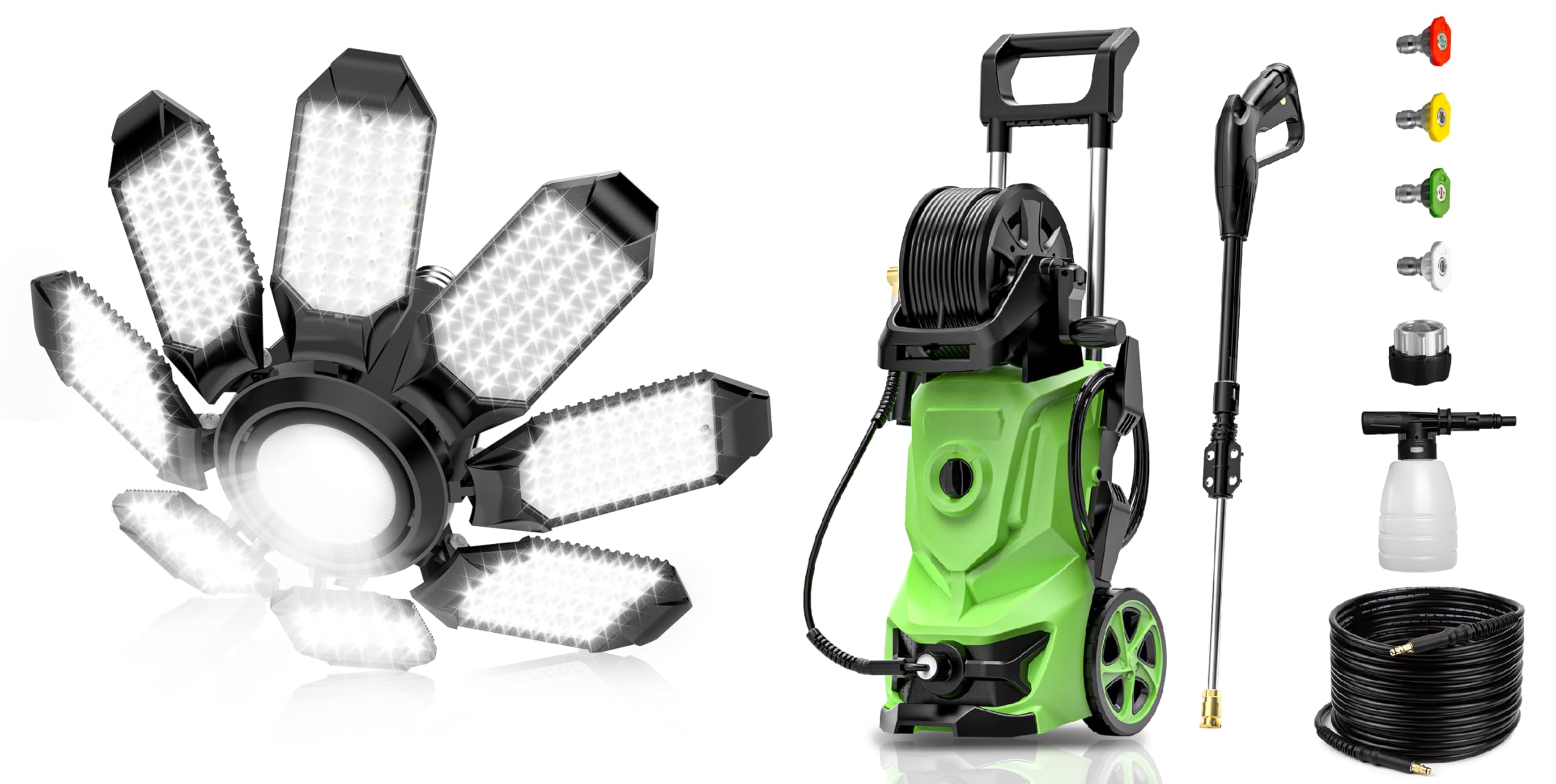 POLARPRA Garage Lights - Super Bright 25000LM Garage Lights Ceiling Led w/ 8 Deformable Panels 6500K Led Light Bulb and Electric Power Washer - 3000 PSI 2.6 GPM Pressure Washers with Foam Cannon