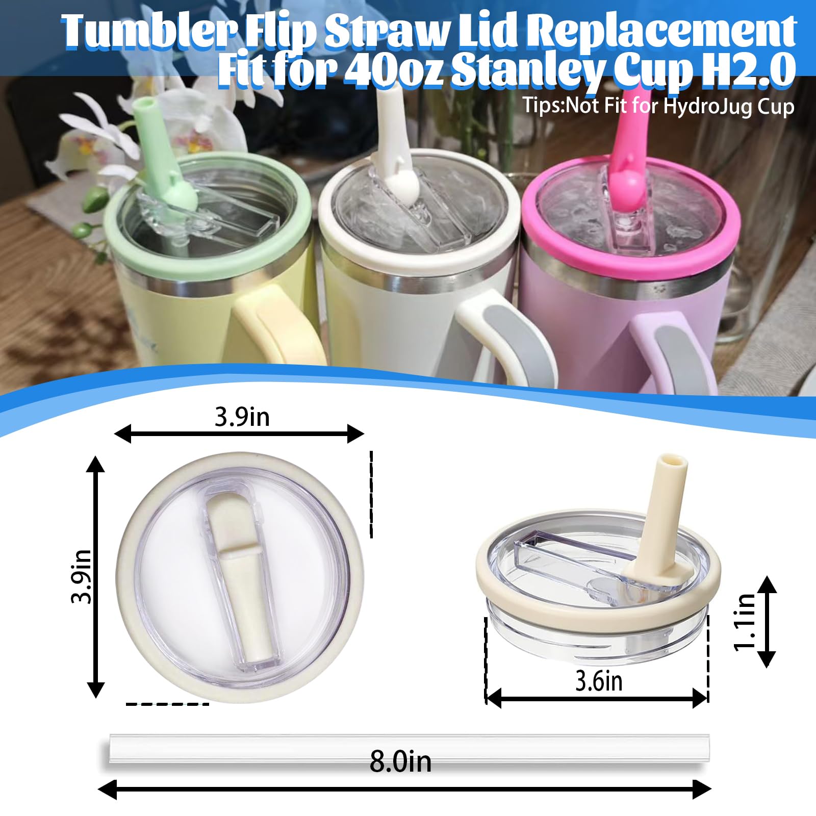 40 OZ Tumbler Flip Straw Lid Replacement Fit for Stanley Quencher Tumbler, 2 PCS Spill Proof and Leak Resistant Tumbler Lids Compatible with Stanley Cup Accessories(Cream)