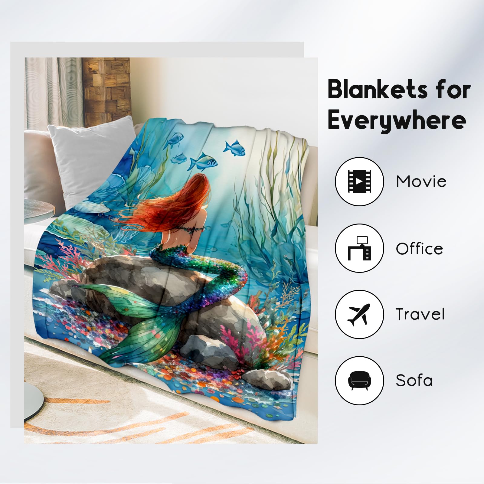 Mermaid Blanket - 40x50 Inches Cute Throw Blanket for Kids - Soft Fuzzy Blankets for Couch & Office