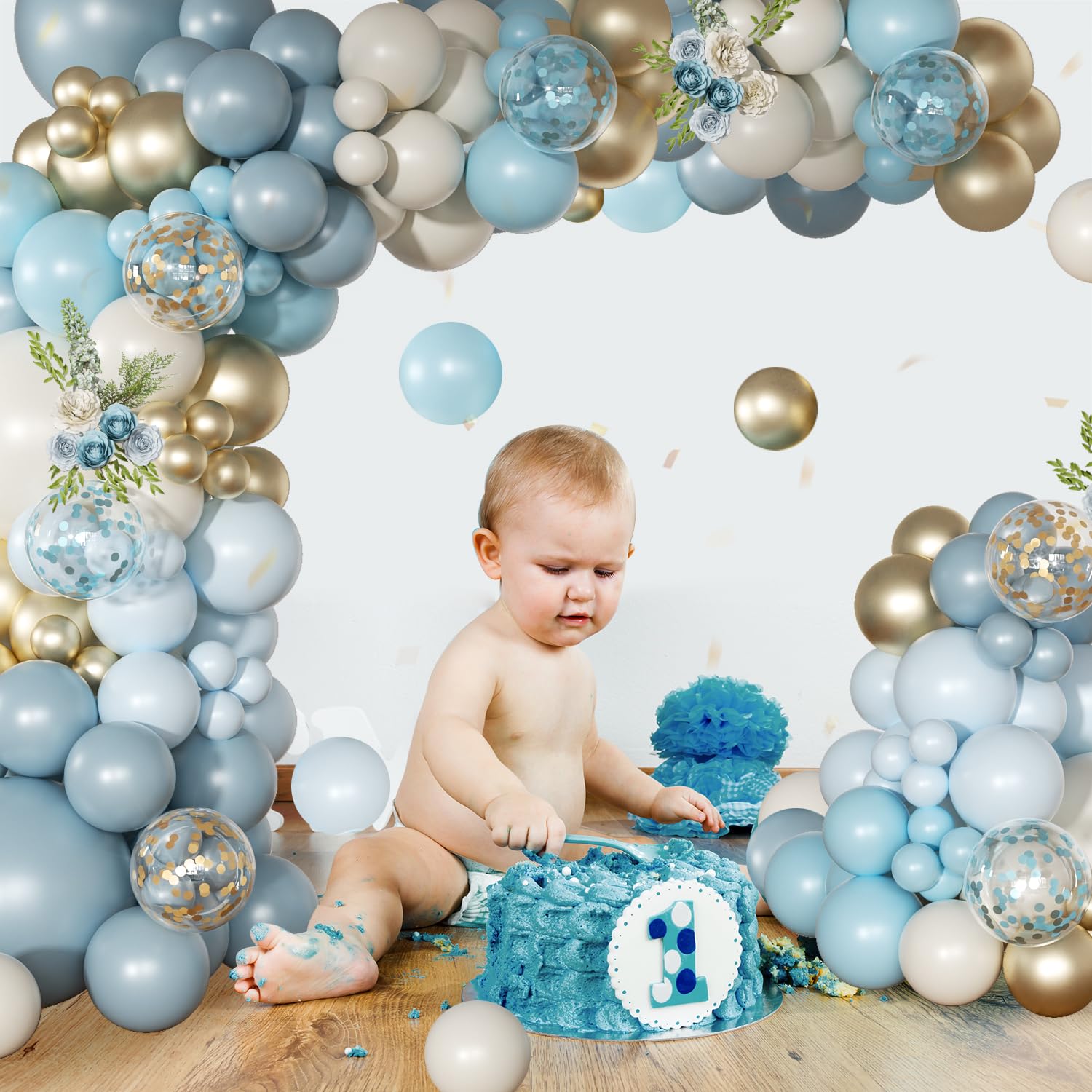 Dusty Blue Gold White Balloon Garland Arch Kit 146 Pcs Blue White Sand Gold Balloons Garland Kit Include Blue Gold White Balloons for Baby Shower Wedding Birthday Bridal Party Decorations