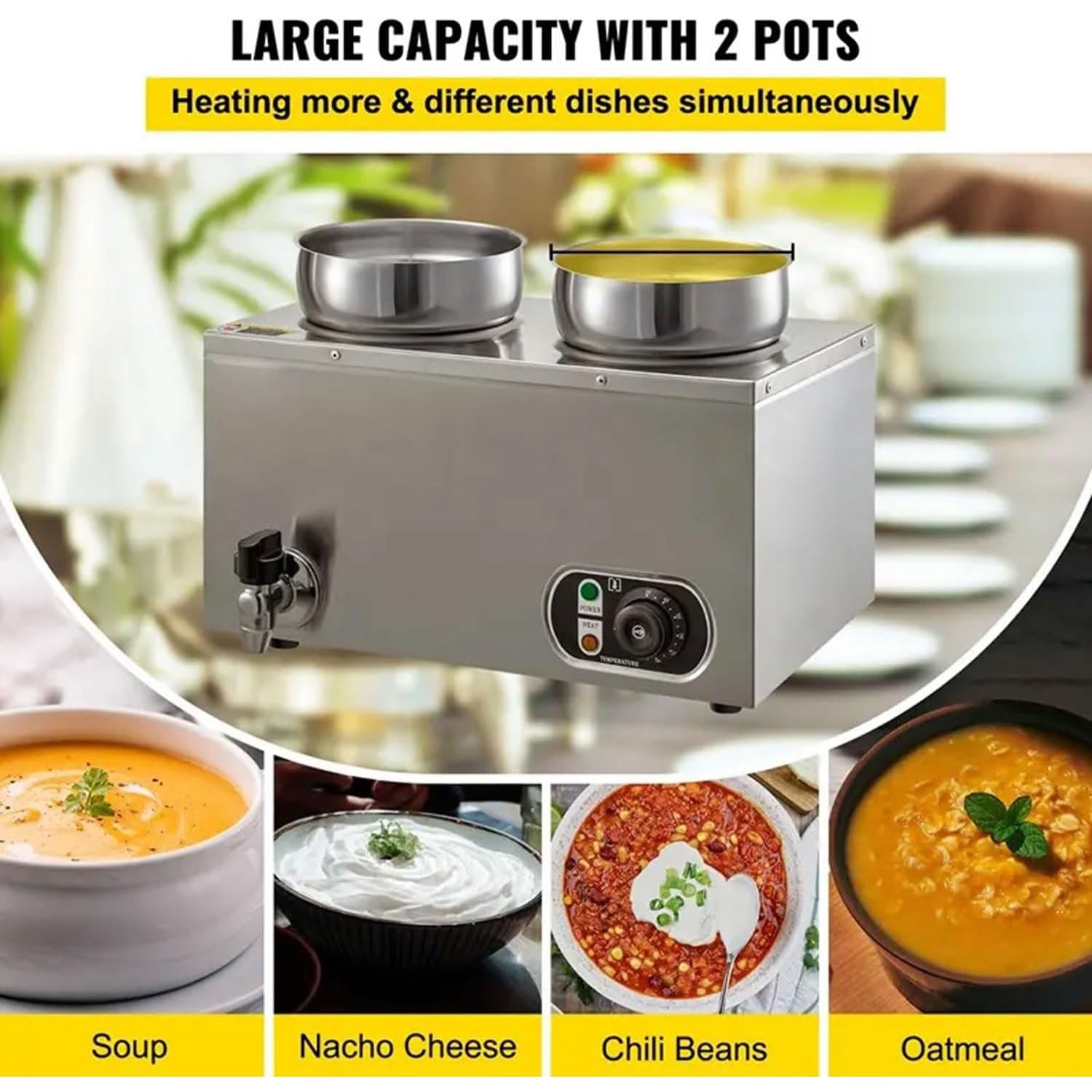 2 Pot Commercial Food Warmer, 600W Electric Steam Table with 30-85℃ Temperature Adjustment, Buffet Food Warming Tray for Chocolate, Milk, Soup, Drinks, Coffee