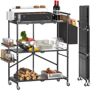 dtuqyx foldable outdoor grill cart with 3-tier,grill cart,grill table for outside with 2 total lock casters，pizza oven stand table，rolling bbq table and folding kitchen island, black