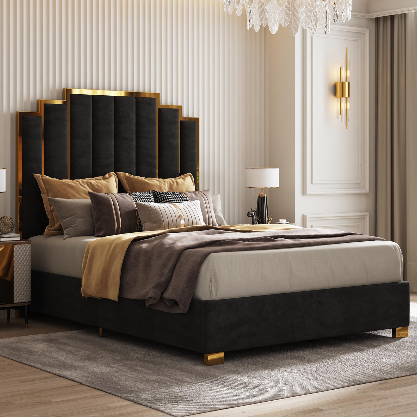 AMERLIFE Queen Size Upholstered Bed, Modern Velvet Bed Frame with 61.4” Tall Gold Trim Headboard, No Box Spring Needed, Black