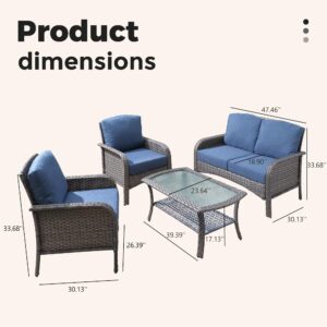 4 Pieces Wicker Patio Furniture - All-Weather PE Wicker Outdoor Conversation Bistro Set Loveseat Chairs with Table,Outdoor Rattan Sofa Chair High Back Deep Seating,Blue