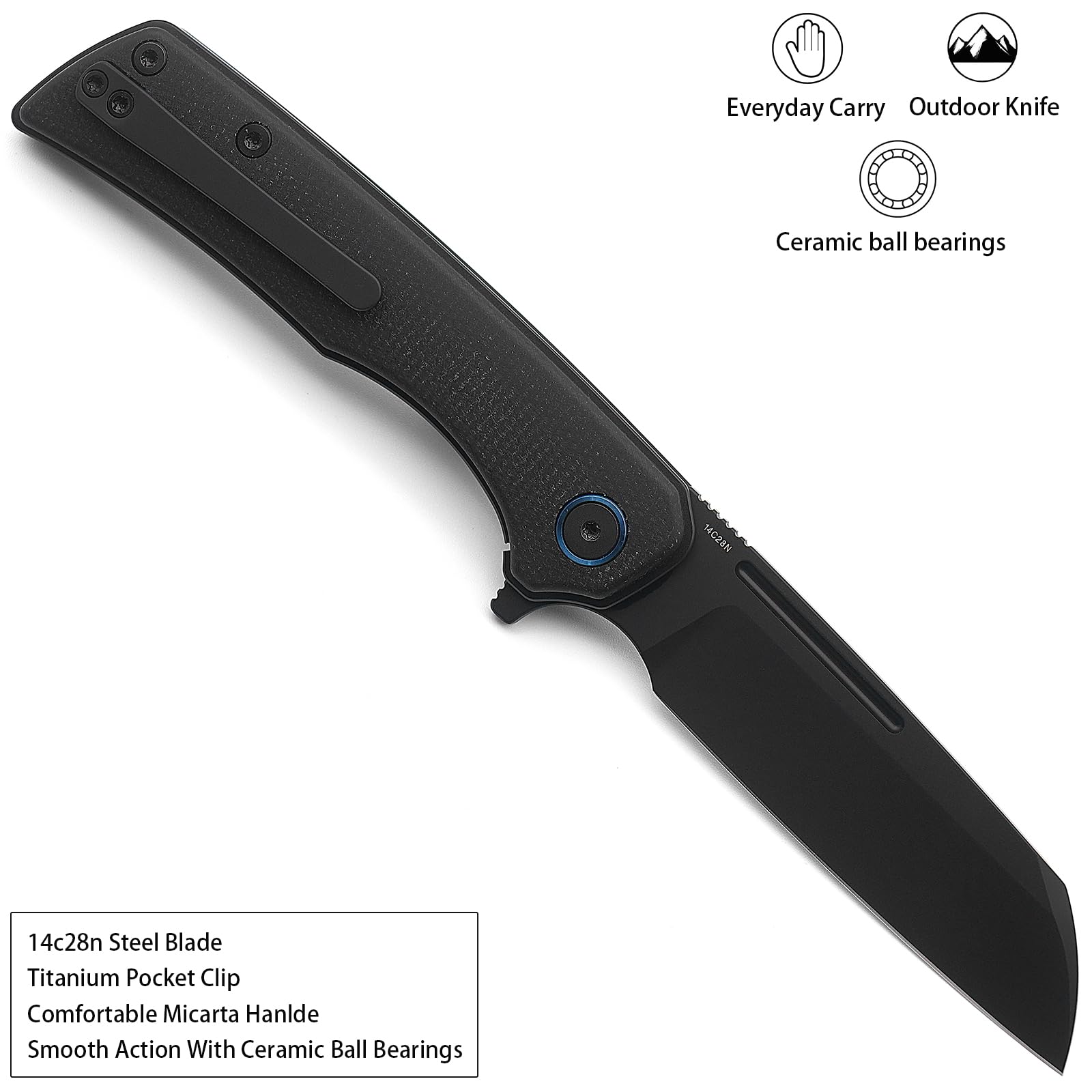 Miguron Knives M Malory Flipper Folding Knife 3.5" Black PVD 14C28N Blade Black Micarta Handle Outdoor Camping Hiking Pocket Knife MGR-809MBK