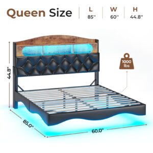 ADORNEVE Floating Bed Frame Queen Size with Storage Headboard & Led Lights, Leather Upholstered Platform Bed with Charging Station,RGB Floating Platform Bed, No Box Spring Needed, Noise-Free, PU Black