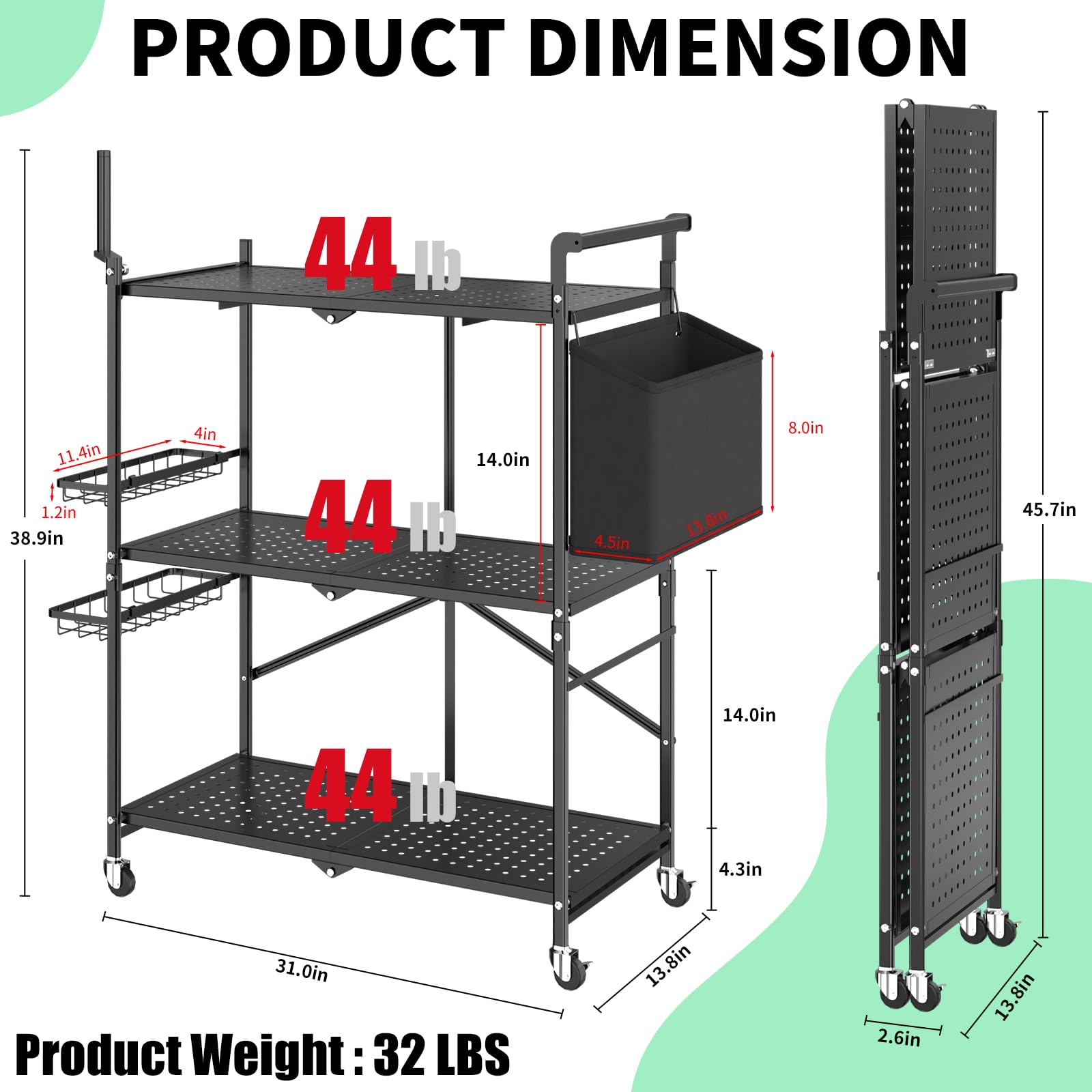 DTUQYX Foldable Outdoor Grill Cart with 3-Tier,Grill Cart,Grill Table for Outside with 2 Total Lock Casters，Pizza Oven Stand Table，Rolling BBQ Table and Folding Kitchen Island, Black