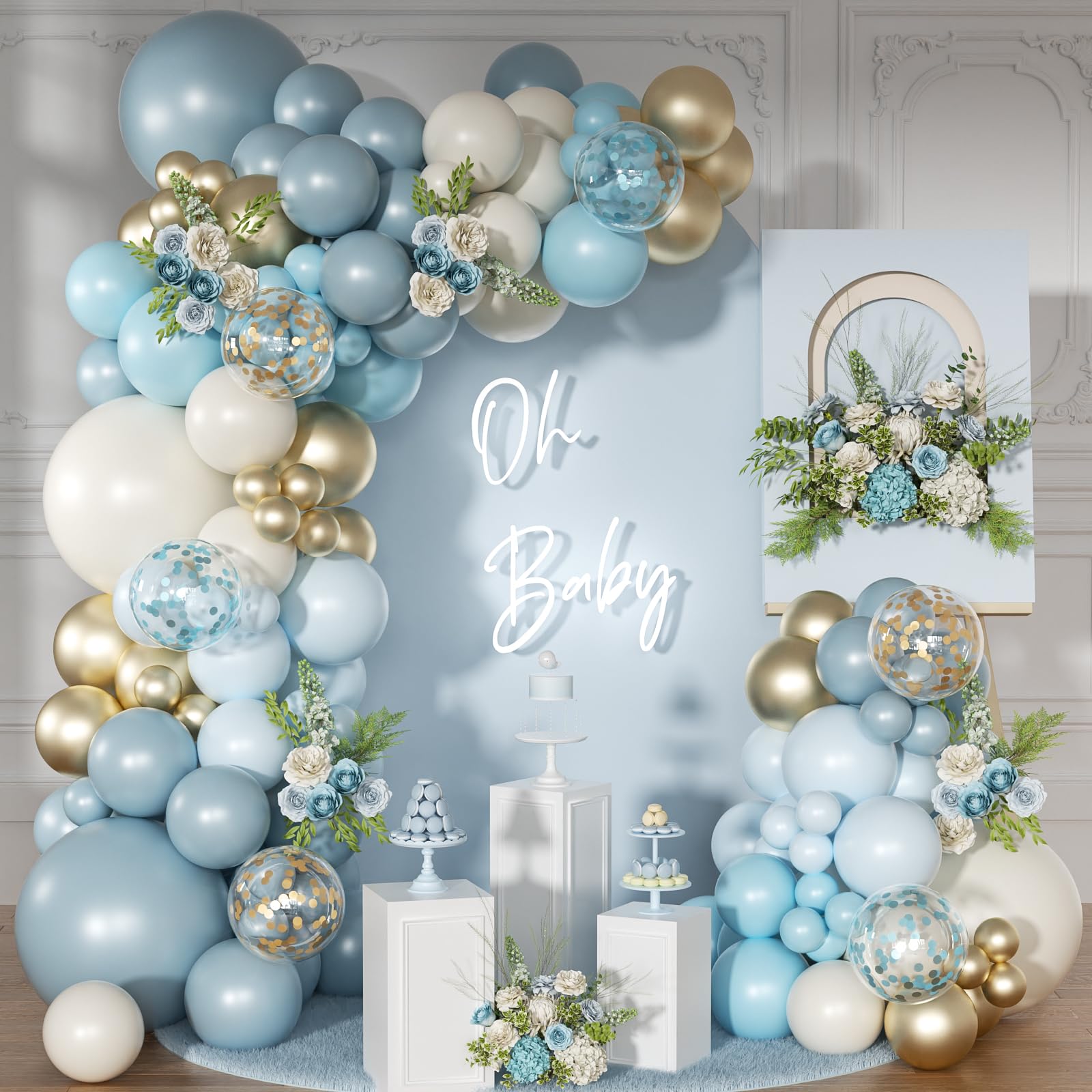 Dusty Blue Gold White Balloon Garland Arch Kit 146 Pcs Blue White Sand Gold Balloons Garland Kit Include Blue Gold White Balloons for Baby Shower Wedding Birthday Bridal Party Decorations