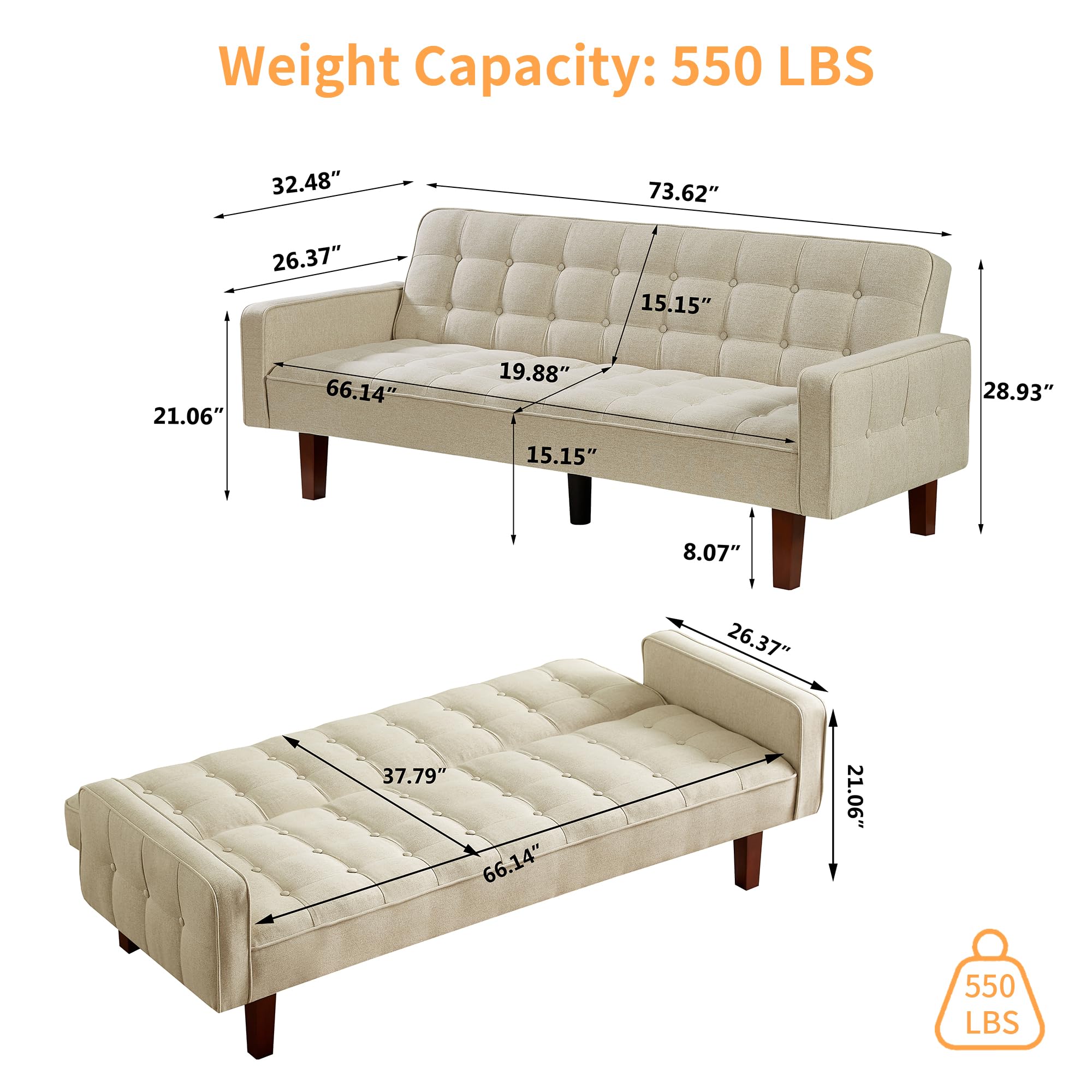 XGWIHLO Linen Fabric Futon Sofa Bed, Small Loveseat, Modern Sofa Couch Adjustable Backrests, Couches for Living Room, Small Space, Bedroom, Apartment (Beige)