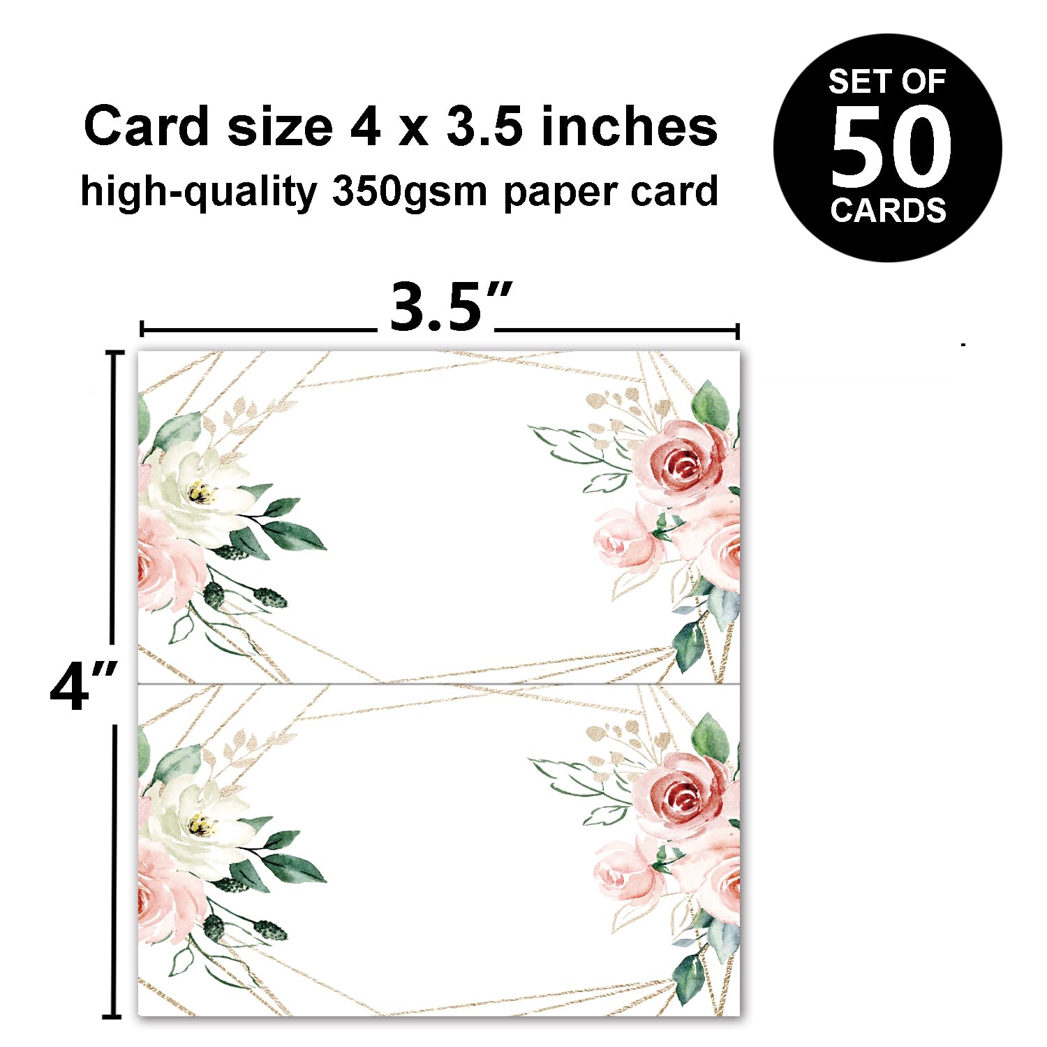 50 Pack Floral Place Cards for Wedding or Party, Seating Place Cards for Tables, Scored Table Tent Cards for Seating, Matte Finish Name Place Cards, 2 x 3.5 Inches