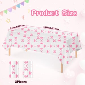 2 Pcs Pink Bow Table Cloth Rectangle Table Party Supplies Bow Theme Disposable Plastic Table Covers Waterproof Coquette Birthday Decorations for Women Girls Bridal Baby Shower Bachelorette Party Decor