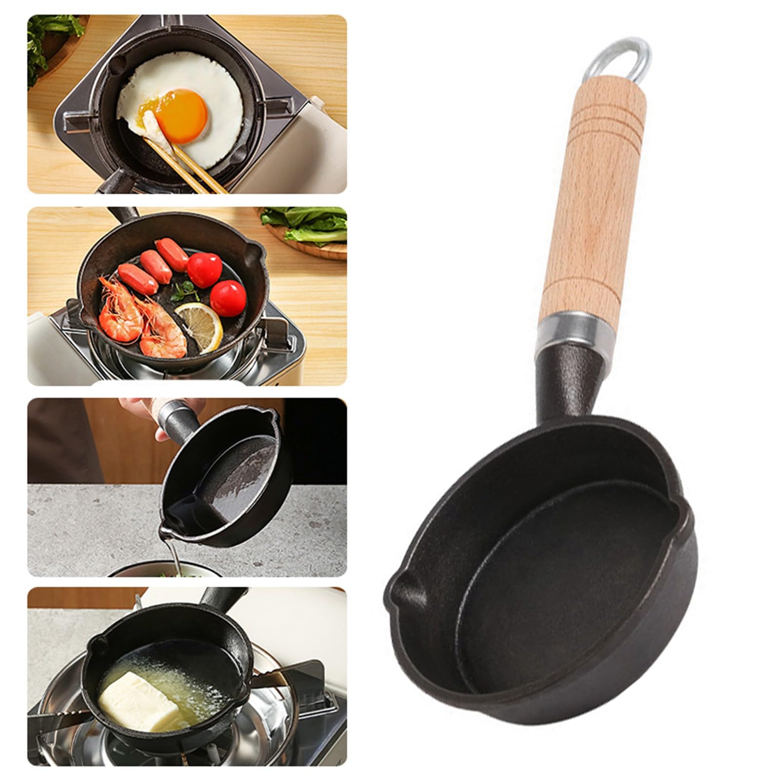 Cast Iron Small Egg Pan Even Heating Non Stick Coating Mini Frying Pan on Wood Handle