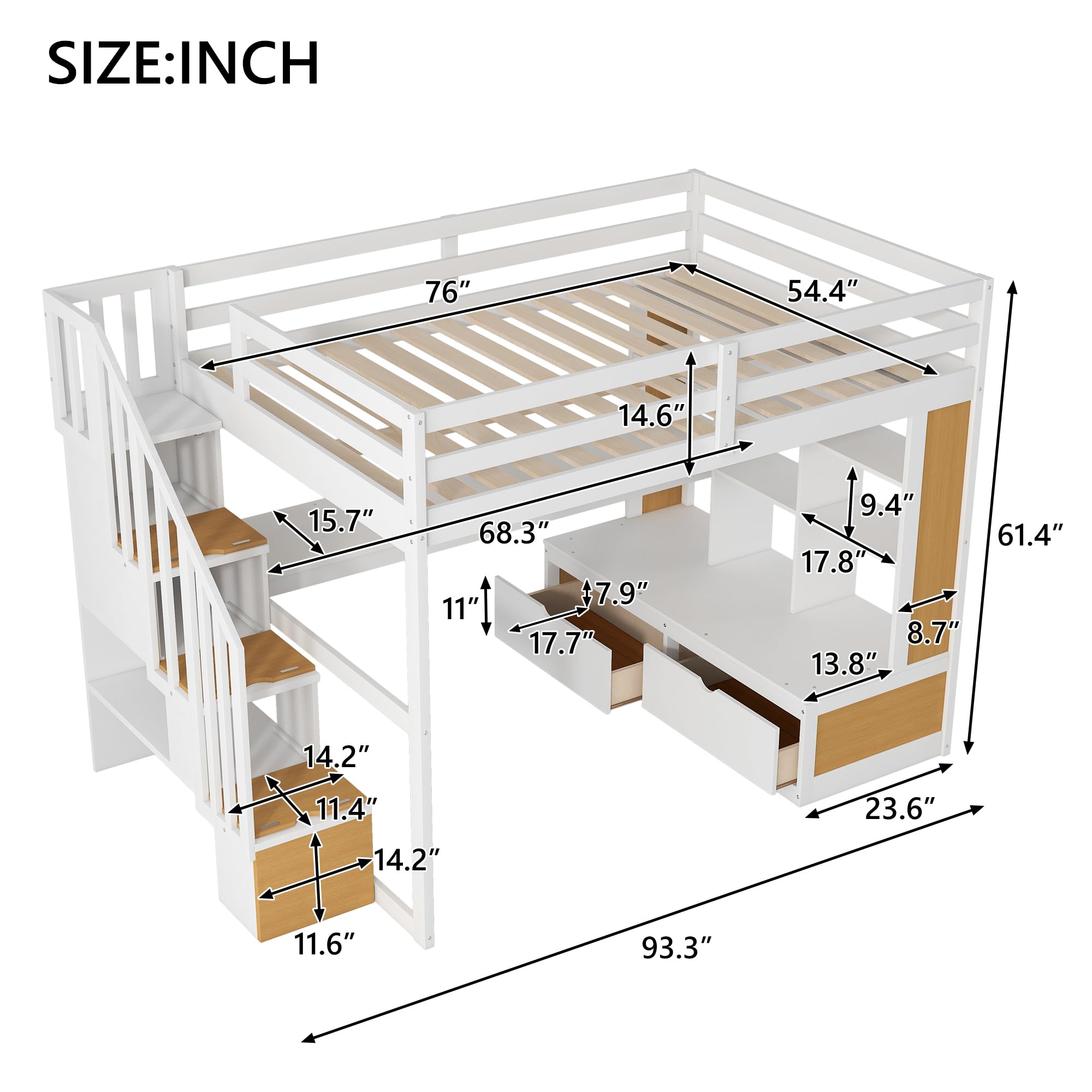 MERITLINE Full Size Loft Bed with Desk and Storage Stairs, Wood Loft Bed Full with Shelves & 2 Storage Drawers,Full Loft Bed with Desk Underneath for Kids Teens Boys Girls,White and Natural