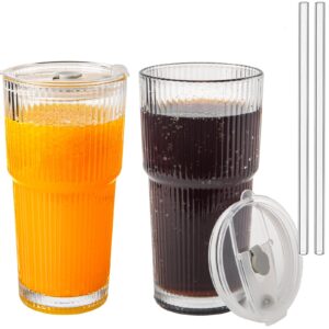 cayorepo 20oz ribbed glass cups with lids and straws 2 set, vintage glassware for whiskey cocktail beer, glass tumbler, iced coffee cups for cold drinks, smoothie, juice,drinking (2)