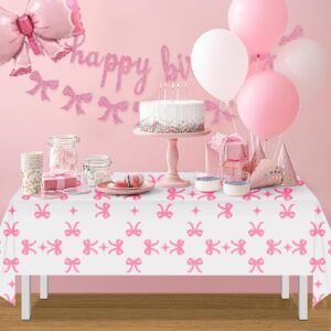 3 Pcs Pink Bow Table Cloth Rectangle Table Party Supplies Bow Theme Disposable Plastic Table Covers Waterproof Coquette Birthday Decorations for Women Girls Bridal Baby Shower Bachelorette Party Decor