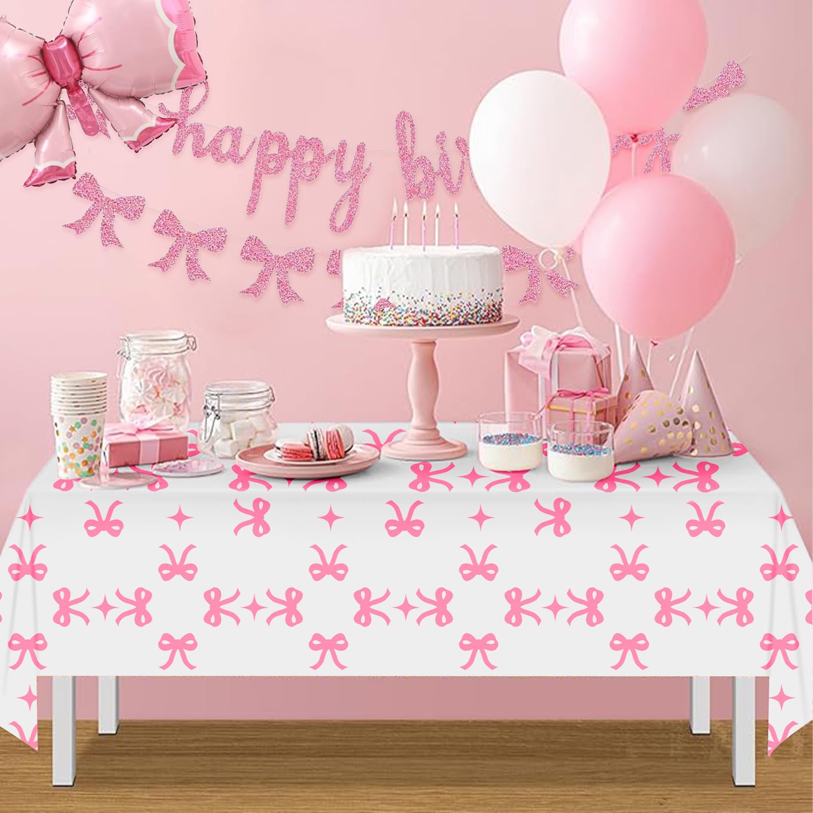 3 Pcs Pink Bow Table Cloth Rectangle Table Party Supplies Bow Theme Disposable Plastic Table Covers Waterproof Coquette Birthday Decorations for Women Girls Bridal Baby Shower Bachelorette Party Decor