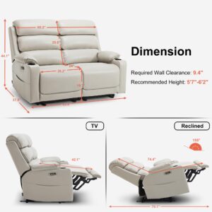 MCombo Large Power Reclining Loveseat Sofa with Adjustable Headrest, Heat and Vibration,Faux Leather Electric Loveseat Recliner with USB Type C Charge Ports for Living Room 6711 (Light Grey)